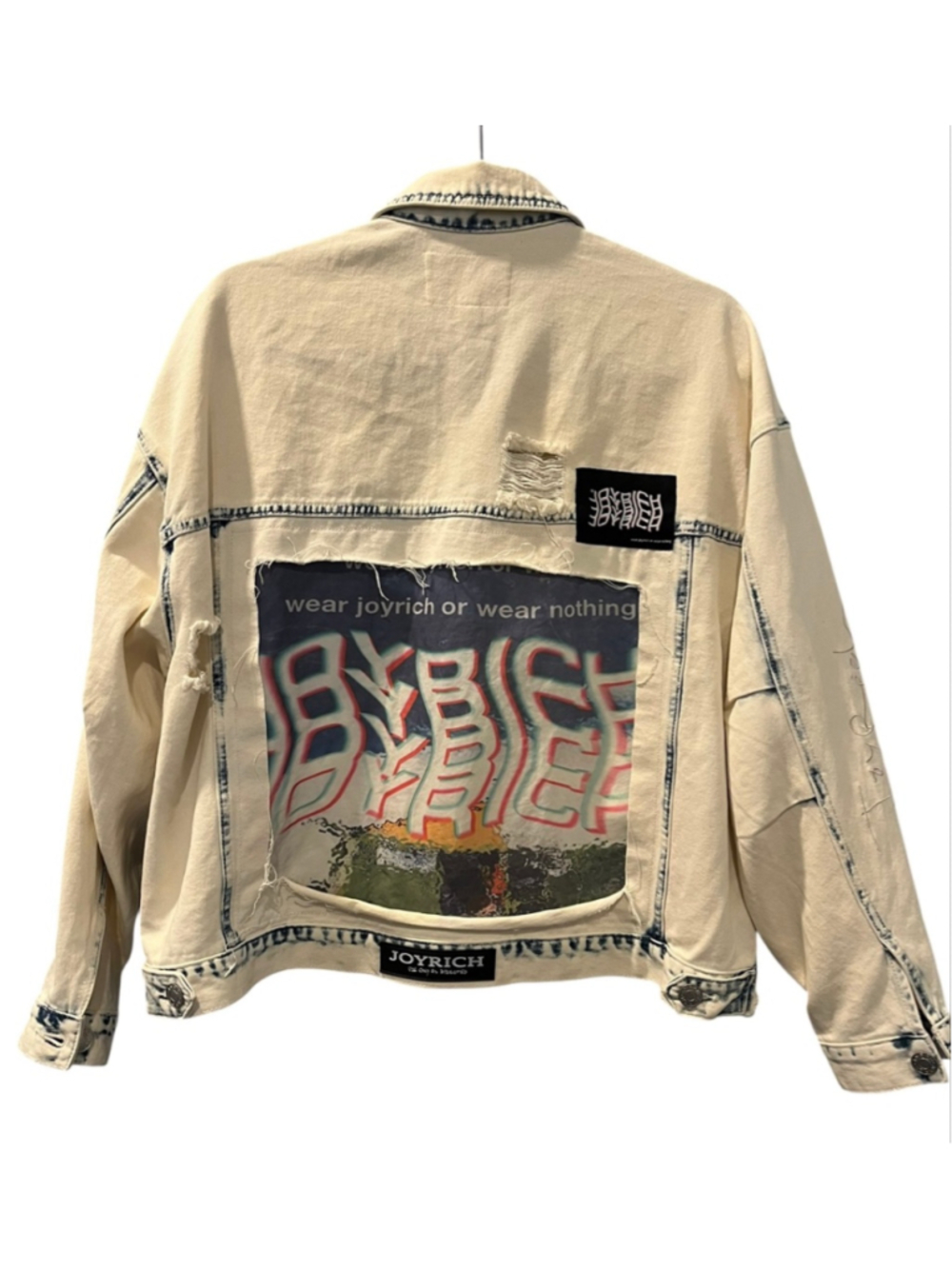 JOYRICH LA Distressed Graphic Denim Jacket Off White Streetwear Small Unisex